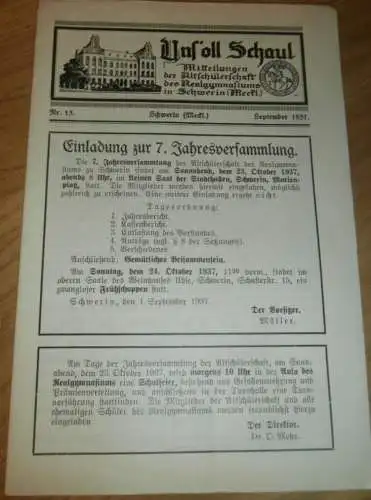 Heft der Schule " Uns oll Schaul" in Schwerin Sept. 1937 , Chronik , Mecklenburg ,mit Mitglieder- und Schülerverzeichnis