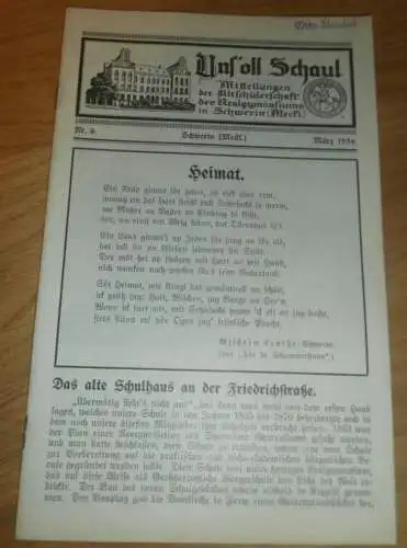 Heft der Schule " Uns oll Schaul" in Schwerin März 1934 , Chronik , Mecklenburg ,mit Mitglieder- und Schülerverzeichnis