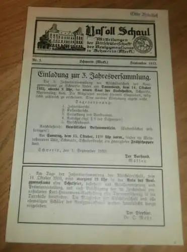 Heft der Schule " Uns oll Schaul" in Schwerin Sept. 1933 , Chronik , Mecklenburg ,mit Mitglieder- und Schülerverzeichnis