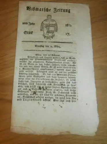 Wismar `sche Zeitung , 2. März 1813 , Wismar und Umgebung , Mecklenburg !!!