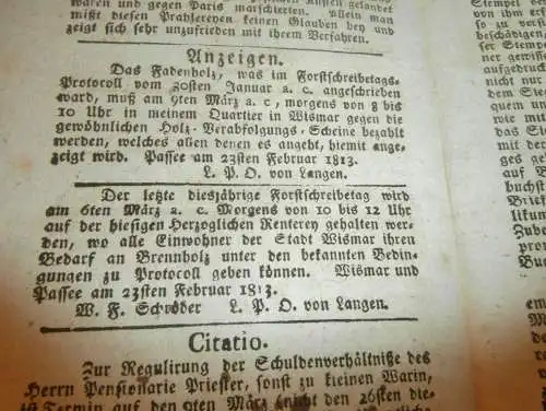 Wismar `sche Zeitung , 2. März 1813 , Wismar und Umgebung , Mecklenburg !!!