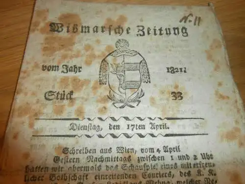 Wismar `sche Zeitung , 17. Juni 1821 , Wismar und Umgebung , Mecklenburg !!!