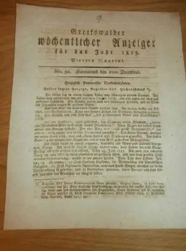 Anzeiger für Greifswald , 16.12.1815 , Beysetzung von Herzog Bogislav XIV.  Mecklenburg !!!