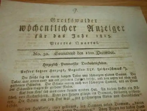 Anzeiger für Greifswald , 16.12.1815 , Beysetzung von Herzog Bogislav XIV.  Mecklenburg !!!