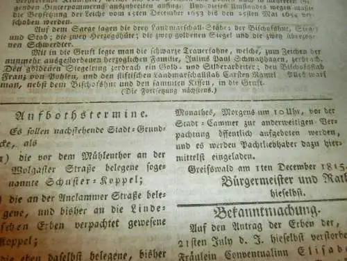 Anzeiger für Greifswald , 16.12.1815 , Beysetzung von Herzog Bogislav XIV.  Mecklenburg !!!