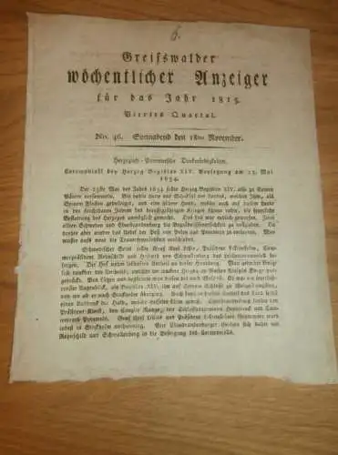 Anzeiger für Greifswald , 18.11.1815 , Beysetzung von Herzog Bogislav XIV.  Mecklenburg !!!