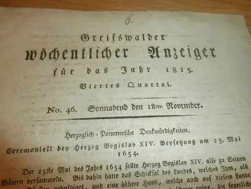 Anzeiger für Greifswald , 18.11.1815 , Beysetzung von Herzog Bogislav XIV.  Mecklenburg !!!