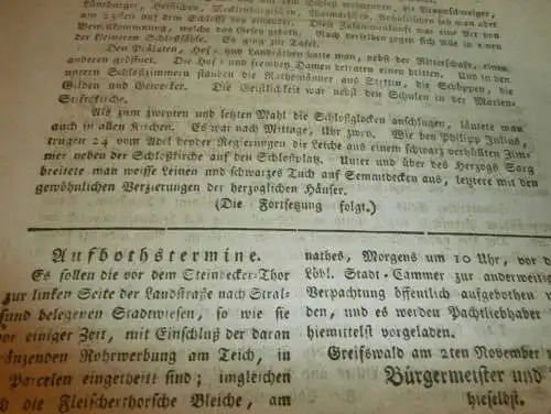 Anzeiger für Greifswald , 18.11.1815 , Beysetzung von Herzog Bogislav XIV.  Mecklenburg !!!