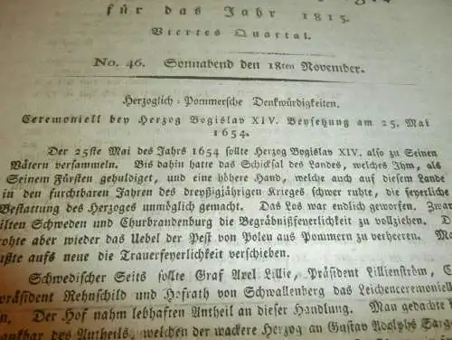 Anzeiger für Greifswald , 18.11.1815 , Beysetzung von Herzog Bogislav XIV.  Mecklenburg !!!