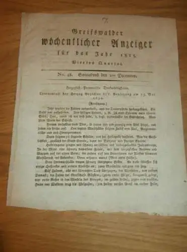 Anzeiger für Greifswald , 2.12.1815 , Beysetzung von Herzog Bogislav XIV.  Mecklenburg !!!