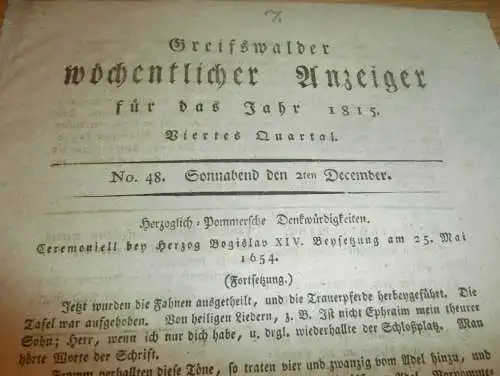 Anzeiger für Greifswald , 2.12.1815 , Beysetzung von Herzog Bogislav XIV.  Mecklenburg !!!