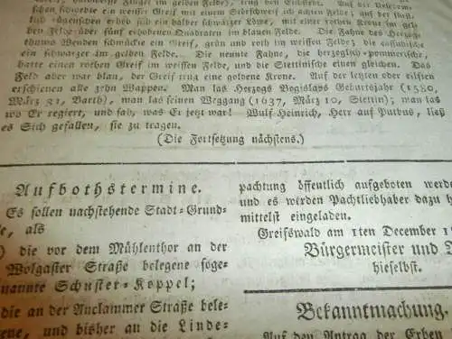 Anzeiger für Greifswald , 2.12.1815 , Beysetzung von Herzog Bogislav XIV.  Mecklenburg !!!