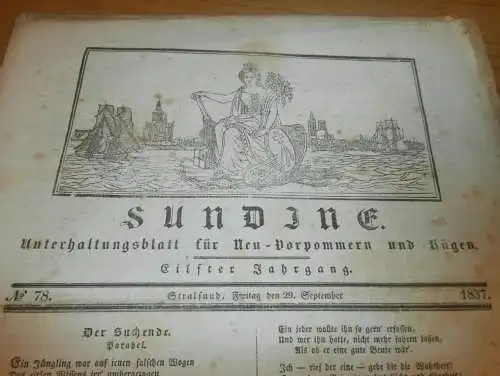 Sundine , 29.9.1837 , Zeitung für Stralsund, Vorpommern und Rügen , Mecklenburg !!!