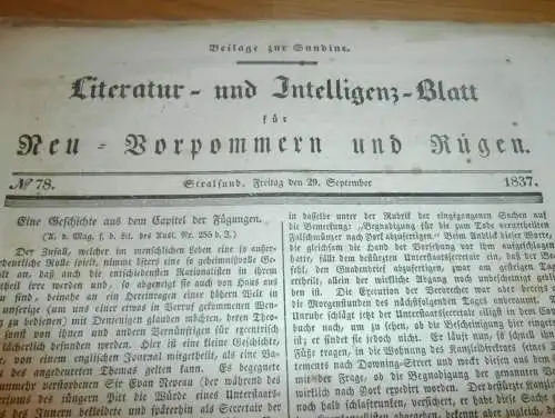 Sundine , 29.9.1837 , Zeitung für Stralsund, Vorpommern und Rügen , Mecklenburg !!!