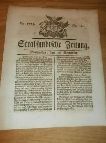 Stralsundische Zeitung , 16.09.1773 , Stralsund und Umgebung , St. Petersburg , Greifswald , Glücksrad !!!