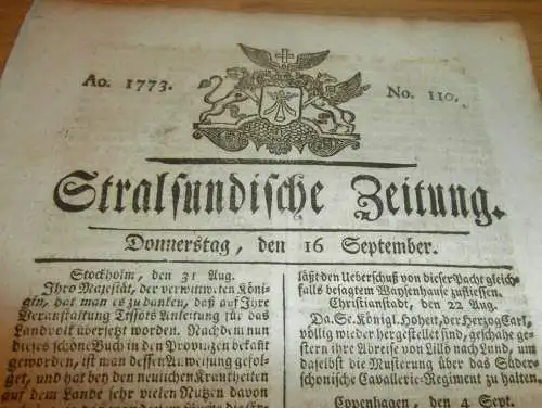 Stralsundische Zeitung , 16.09.1773 , Stralsund und Umgebung , St. Petersburg , Greifswald , Glücksrad !!!