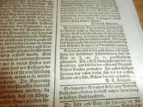 Stralsundische Zeitung , 16.09.1773 , Stralsund und Umgebung , St. Petersburg , Greifswald , Glücksrad !!!