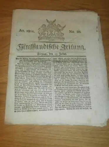 Stralsundische Zeitung , 23.07.1802 , Stralsund und Umgebung , Dassow , Kuppentin , Ribnitz , Anklam , Malchin  !!!