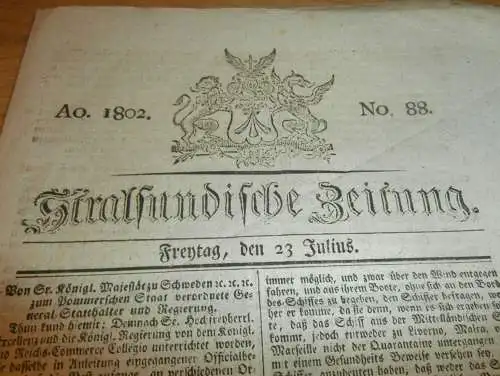 Stralsundische Zeitung , 23.07.1802 , Stralsund und Umgebung , Dassow , Kuppentin , Ribnitz , Anklam , Malchin  !!!