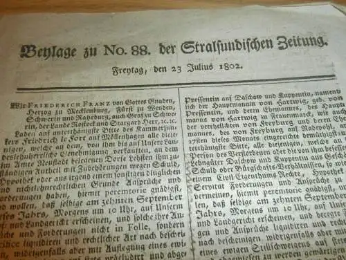 Stralsundische Zeitung , 23.07.1802 , Stralsund und Umgebung , Dassow , Kuppentin , Ribnitz , Anklam , Malchin  !!!