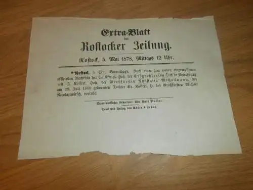 Extrablatt Rostocker Zeitung , 5.Mai 1878 , Verlobung vo Großfürstin Anastasia in St. Petersbug / Russland  !!!