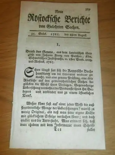 Rostock `sche Zeitung , 28.8.1765 , von Gelehrten Sachen !!!