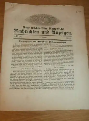 Rostocker Zeitung , 16.11.1844 , Nachrichten und Anzeigen für Rostock und Umgebung , Seehund !!!