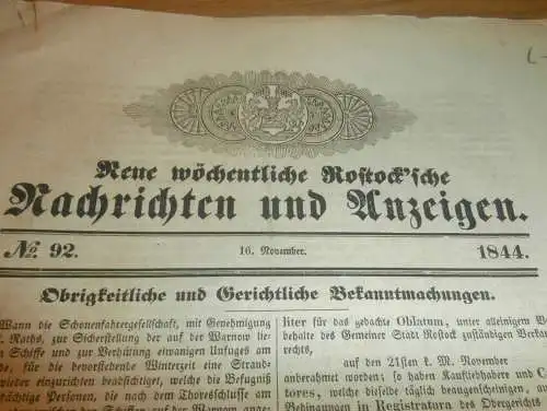 Rostocker Zeitung , 16.11.1844 , Nachrichten und Anzeigen für Rostock und Umgebung , Seehund !!!