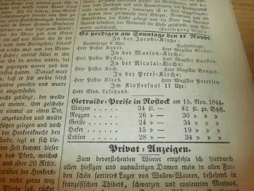 Rostocker Zeitung , 16.11.1844 , Nachrichten und Anzeigen für Rostock und Umgebung , Seehund !!!