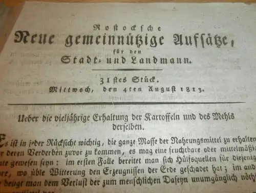 Rostocker Zeitung , 4.08.1813 , für Stadt- und Landmann , Rostock , Kartoffel und Mehl !!!