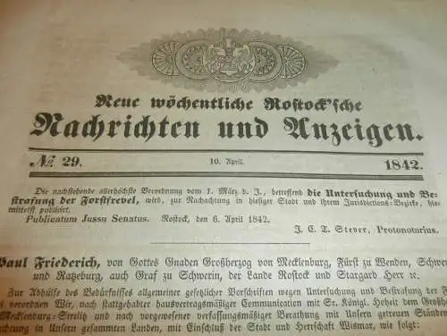 Rostocker Zeitung , 10.04.1842 , Forstfrevel , Forstschutz , Forst , Natur , Rostock und Umgebung  !!!