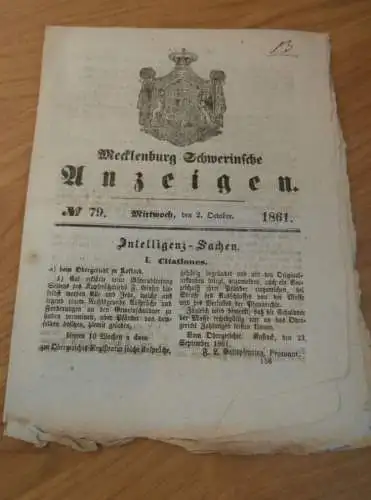 Zeitung Mecklenburg , 2.10.1861 , Wismar , Sternberg , Hagenow , Rastow , Neustadt , Wötzow , Wredenhagen , Eisenbahn !!