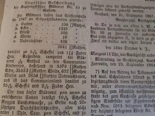 Zeitung Mecklenburg , 2.10.1861 , Wismar , Sternberg , Hagenow , Rastow , Neustadt , Wötzow , Wredenhagen , Eisenbahn !!