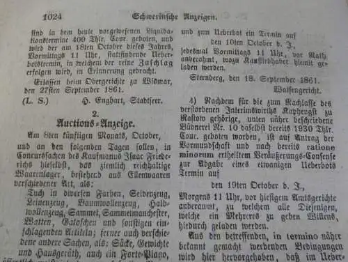 Zeitung Mecklenburg , 2.10.1861 , Wismar , Sternberg , Hagenow , Rastow , Neustadt , Wötzow , Wredenhagen , Eisenbahn !!