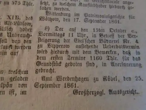 Zeitung Mecklenburg , 2.10.1861 , Wismar , Sternberg , Hagenow , Rastow , Neustadt , Wötzow , Wredenhagen , Eisenbahn !!