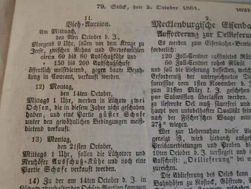 Zeitung Mecklenburg , 2.10.1861 , Wismar , Sternberg , Hagenow , Rastow , Neustadt , Wötzow , Wredenhagen , Eisenbahn !!