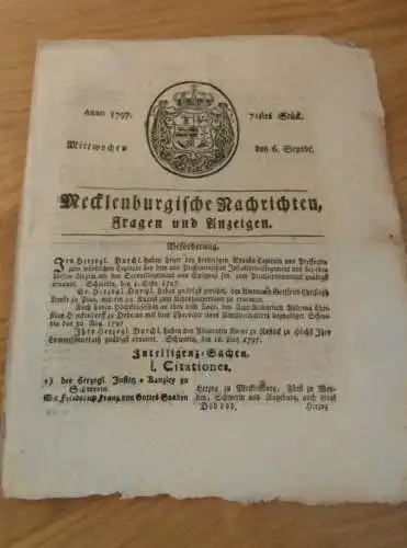 Zeitung Mecklenburg , 6.9.1797 , Waren / Müritz , Plau , Krakow , Bützow , Malchow , Schönberg , Hagenow , Parchim !!!