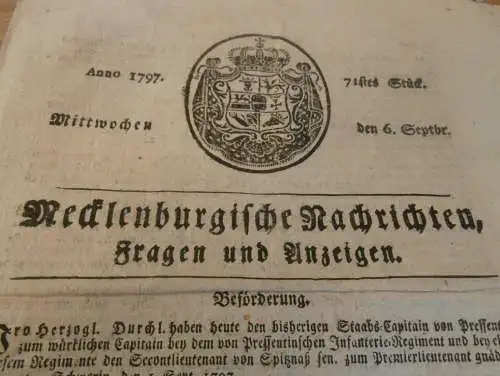 Zeitung Mecklenburg , 6.9.1797 , Waren / Müritz , Plau , Krakow , Bützow , Malchow , Schönberg , Hagenow , Parchim !!!