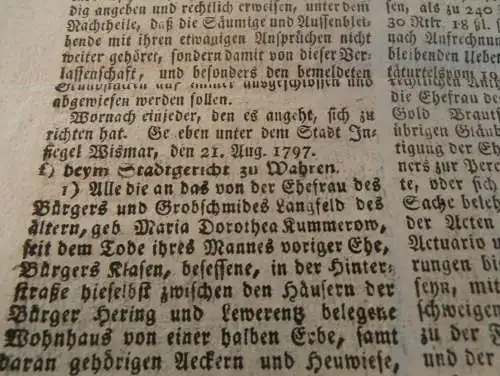 Zeitung Mecklenburg , 6.9.1797 , Waren / Müritz , Plau , Krakow , Bützow , Malchow , Schönberg , Hagenow , Parchim !!!