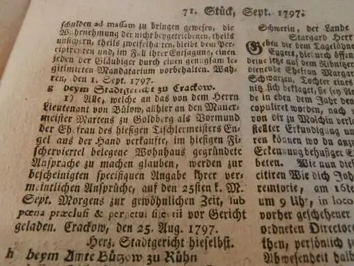 Zeitung Mecklenburg , 6.9.1797 , Waren / Müritz , Plau , Krakow , Bützow , Malchow , Schönberg , Hagenow , Parchim !!!