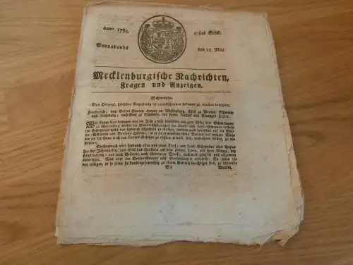 Zeitung Mecklenburg , 15.5.1784 , Schmiede , Neustrelitz , Waren , Wittenburg , Grabow , Warin , Bützow , Sternberg !!!