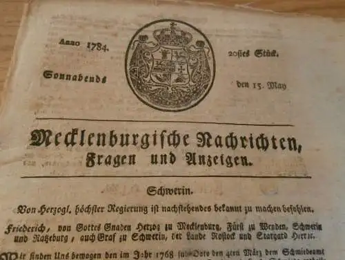 Zeitung Mecklenburg , 15.5.1784 , Schmiede , Neustrelitz , Waren , Wittenburg , Grabow , Warin , Bützow , Sternberg !!!