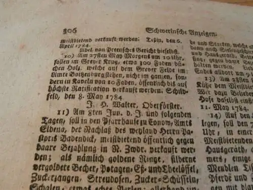 Zeitung Mecklenburg , 15.5.1784 , Schmiede , Neustrelitz , Waren , Wittenburg , Grabow , Warin , Bützow , Sternberg !!!