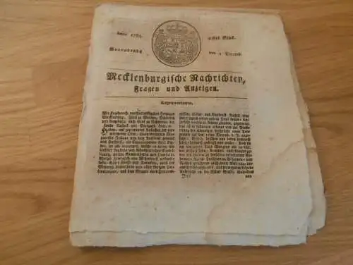 Zeitung Mecklenburg , 4.12.1784 , Wismar , Crümmel , Geld Cours , Goldberg , Bruel , Waren / Müritz , Hagenow , Schwaan