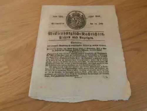 Zeitung Mecklenburg , 15.07.1801 , Bettler und Vagabonden , Husaren Corps gegen Bettelei  !!!