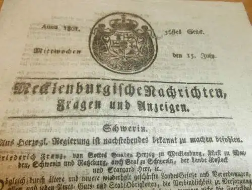 Zeitung Mecklenburg , 15.07.1801 , Bettler und Vagabonden , Husaren Corps gegen Bettelei  !!!