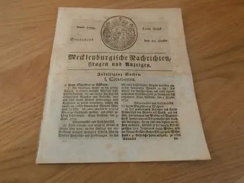 Zeitung Mecklenburg , 10.10.1795 , Waren / Müritz , Plau , Bruel , Neustadt , Gnoien , Malchin , Bad Doberan , Rostock !