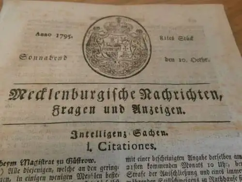 Zeitung Mecklenburg , 10.10.1795 , Waren / Müritz , Plau , Bruel , Neustadt , Gnoien , Malchin , Bad Doberan , Rostock !