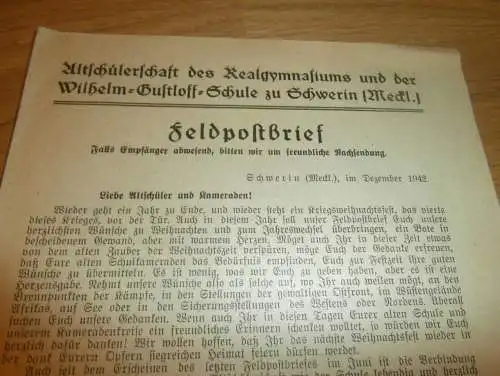 Feldpost-Brief  " Wilhelm-Gustloff-Schule" in Schwerin Dezember 1942 , Mecklenburg !!!