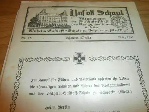 Heft der Schule " Wilhelm-Gustloff-Schule" in Schwerin März 1941 , Chronik , Mecklenburg !!!